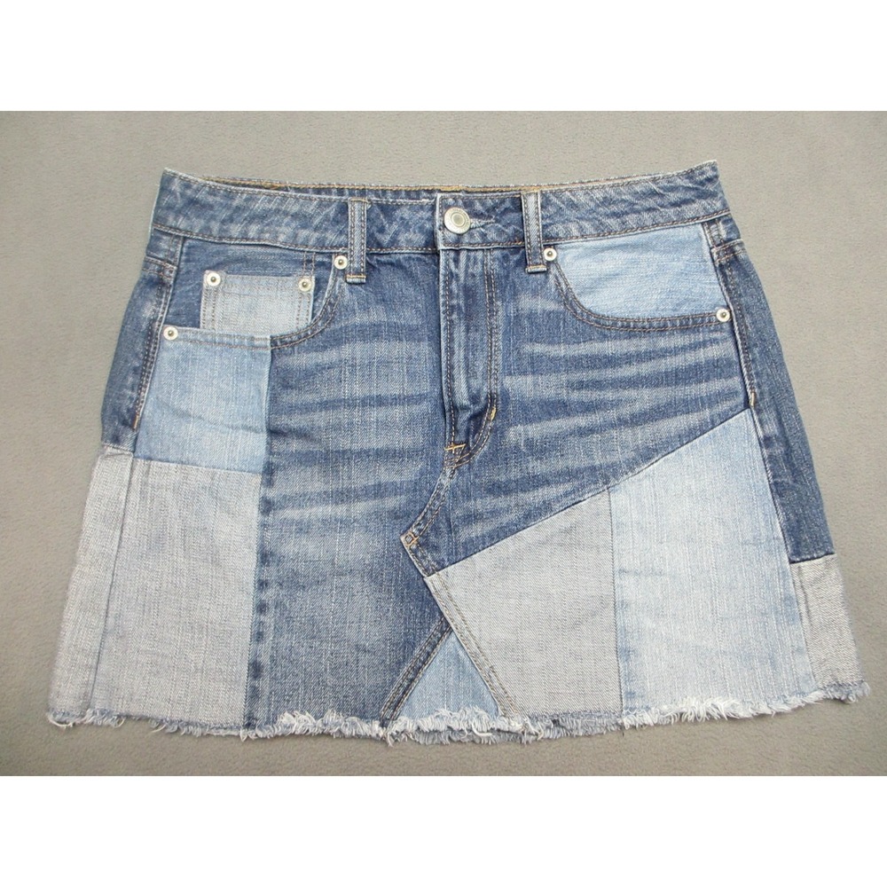 American Eagle Patchwork Skirt Womens 6 Blue Y2K Denim Mini Frayed Hem